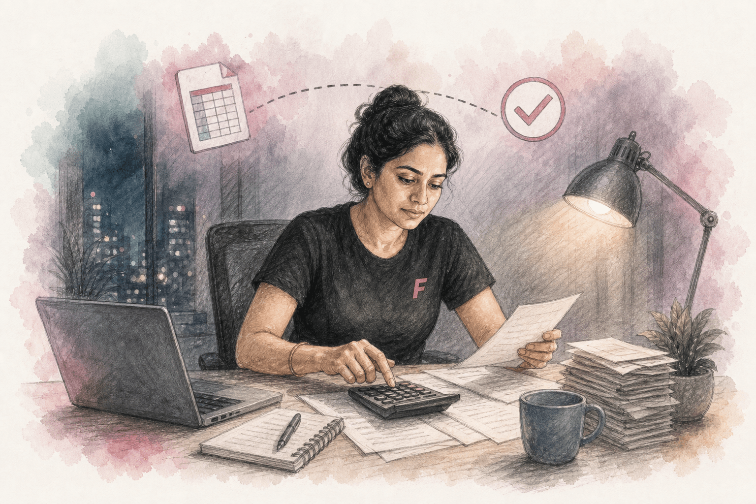 Illustration of a salon owner reconciling bills at a desk with laptop and calculator late at night