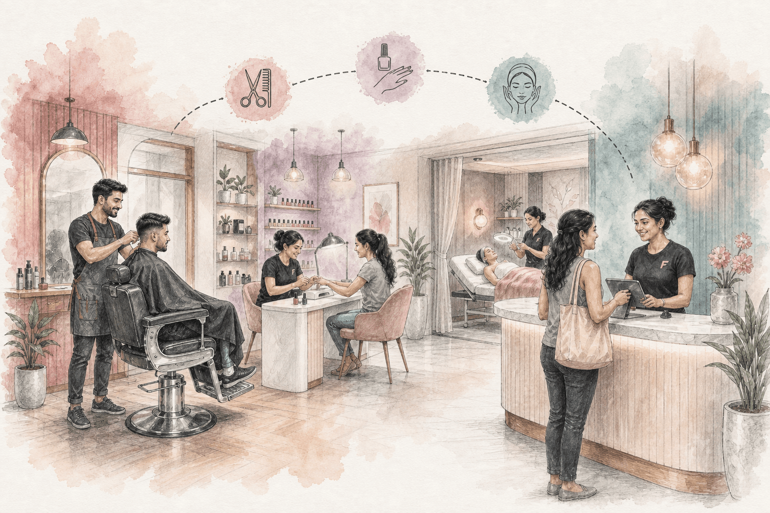Illustration of a hybrid salon floor with barber chair, nail desk, and facial room in one interior