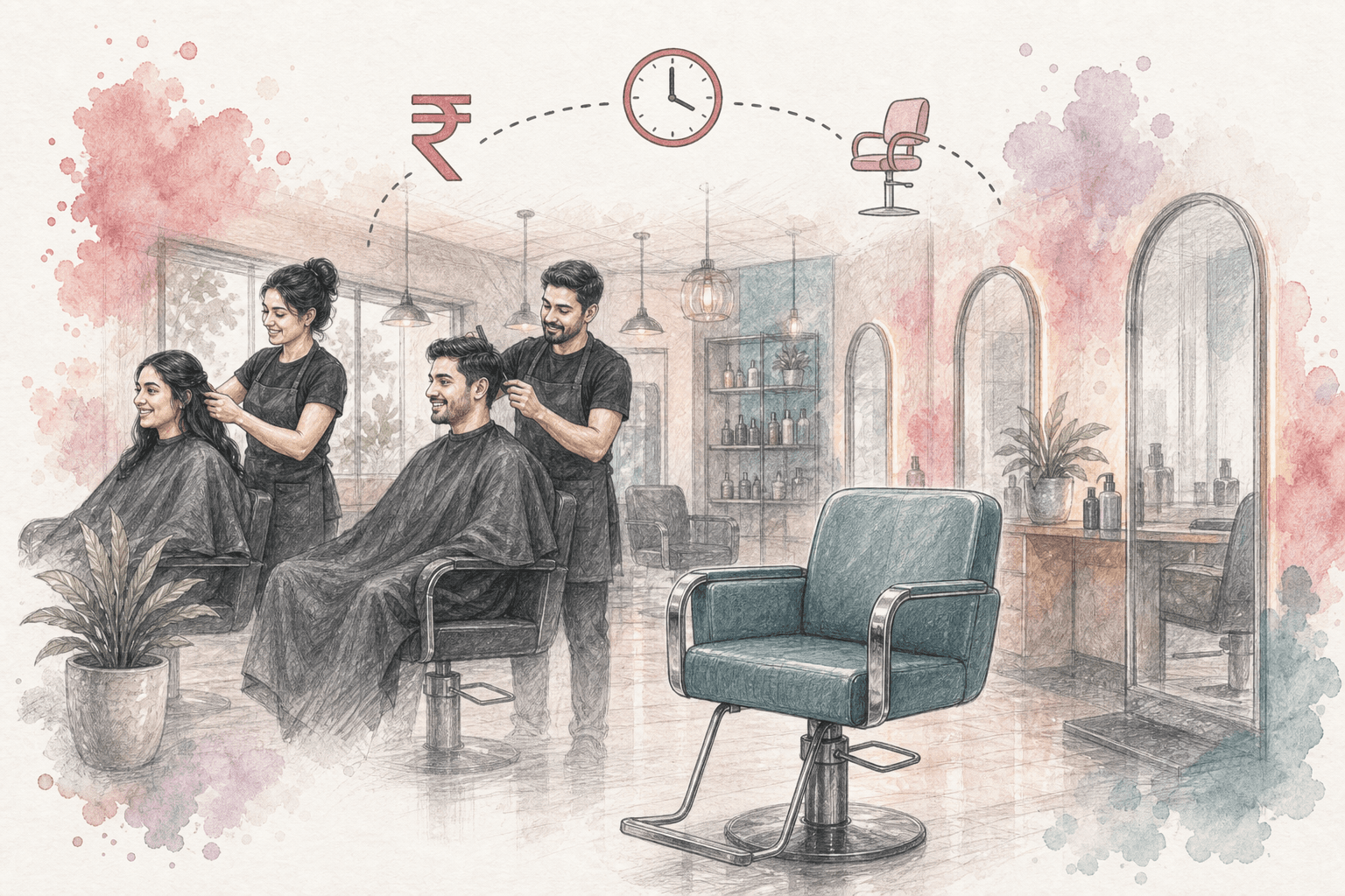 Illustration of one empty styling chair while others are occupied, with icons for time and lost revenue