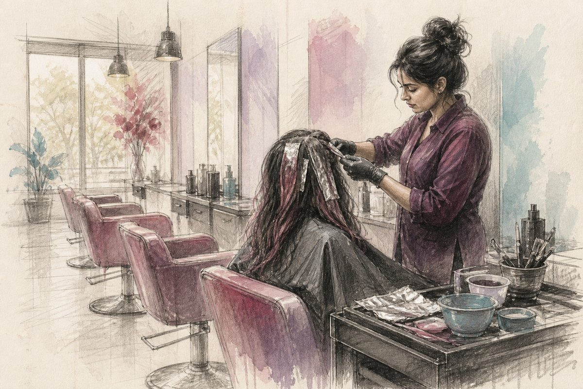 Editorial sketch of an Indian hair salon floor with styling chairs and a colour station